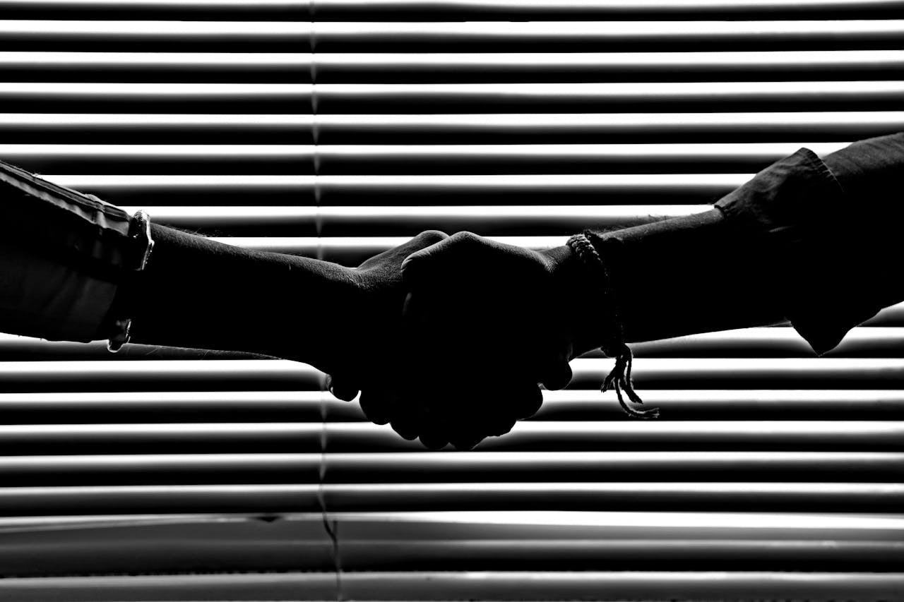 services-04 Silhouette of two people shaking hands symbolizing partnership and trust.